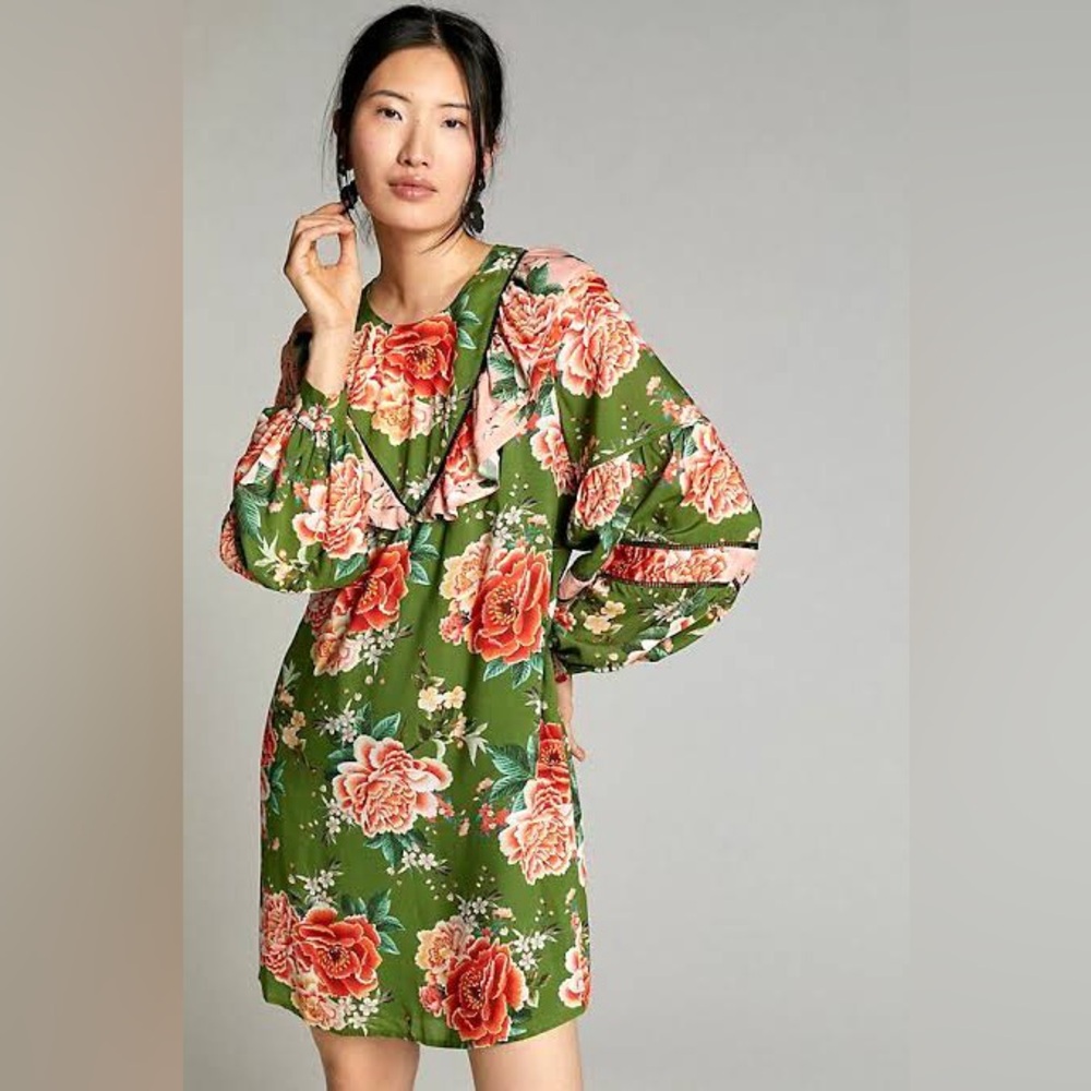 FARM Rio x Anthropologie Elinor Green Floral Balloon Sleeve Mini Dress S